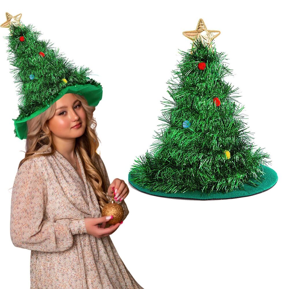 7311 Golden Christmas Tree Hat - Green Tinsel Glitter Star - Festive